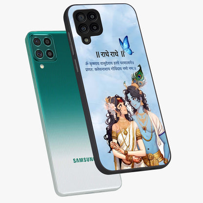 Radha Krishna Eternal Glass Case displayed in angled mockup highlighting divine Radha Krishna illustration with spiritual aesthetic.