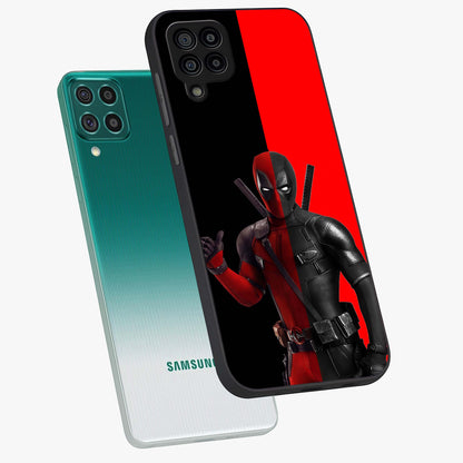 Red & Black Deadpool Theme Glass Case displayed in angled mockup highlighting vibrant superhero style illustration with action aesthetic.