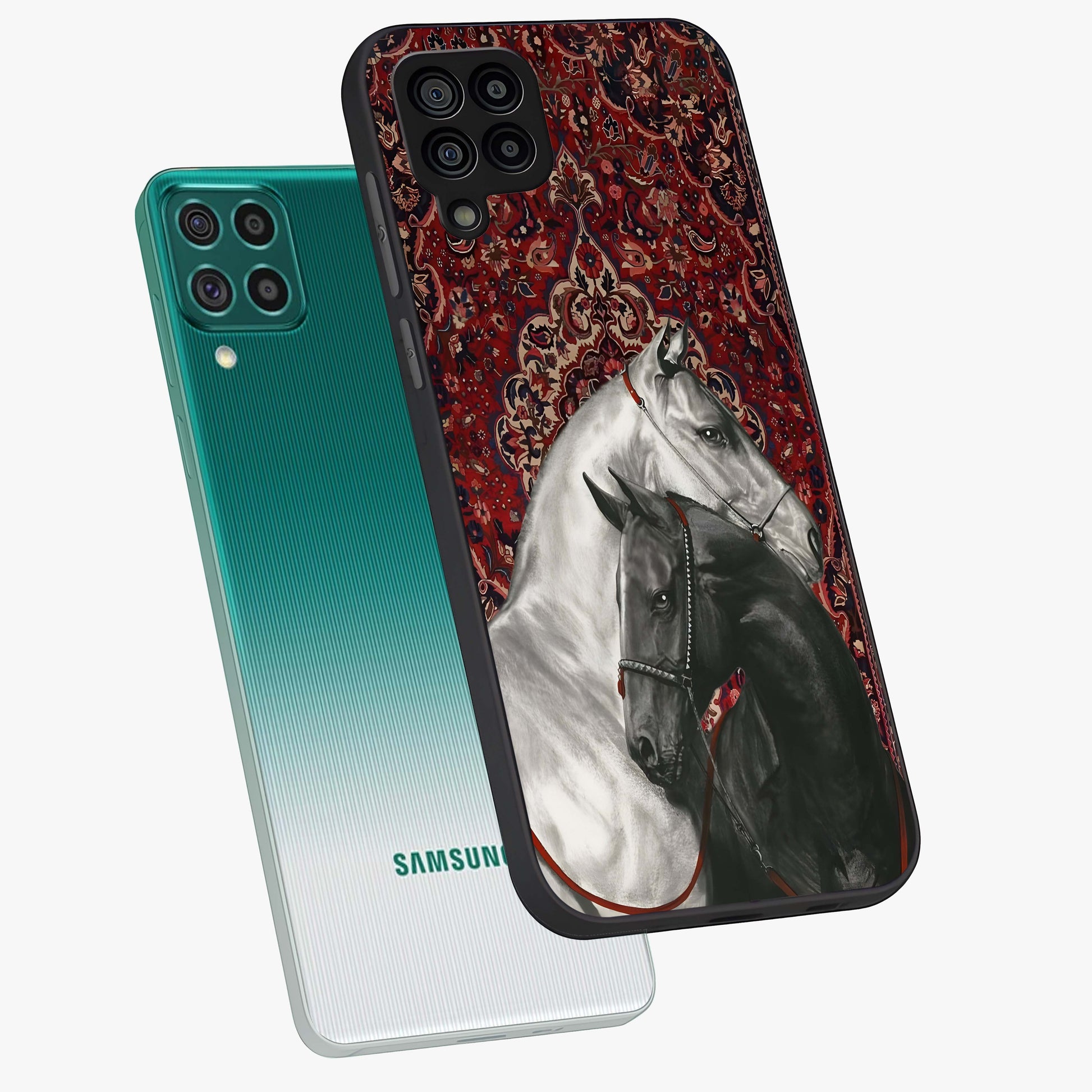 Regal Stallion Tapestry Glass Case displayed in angled mockup highlighting royal stallion design with decorative heritage aesthetic.