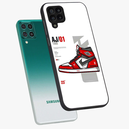 Retro Sneaker Blueprint Glass Case displayed in angled mockup highlighting detailed shoe design with sporty retro aesthetic.