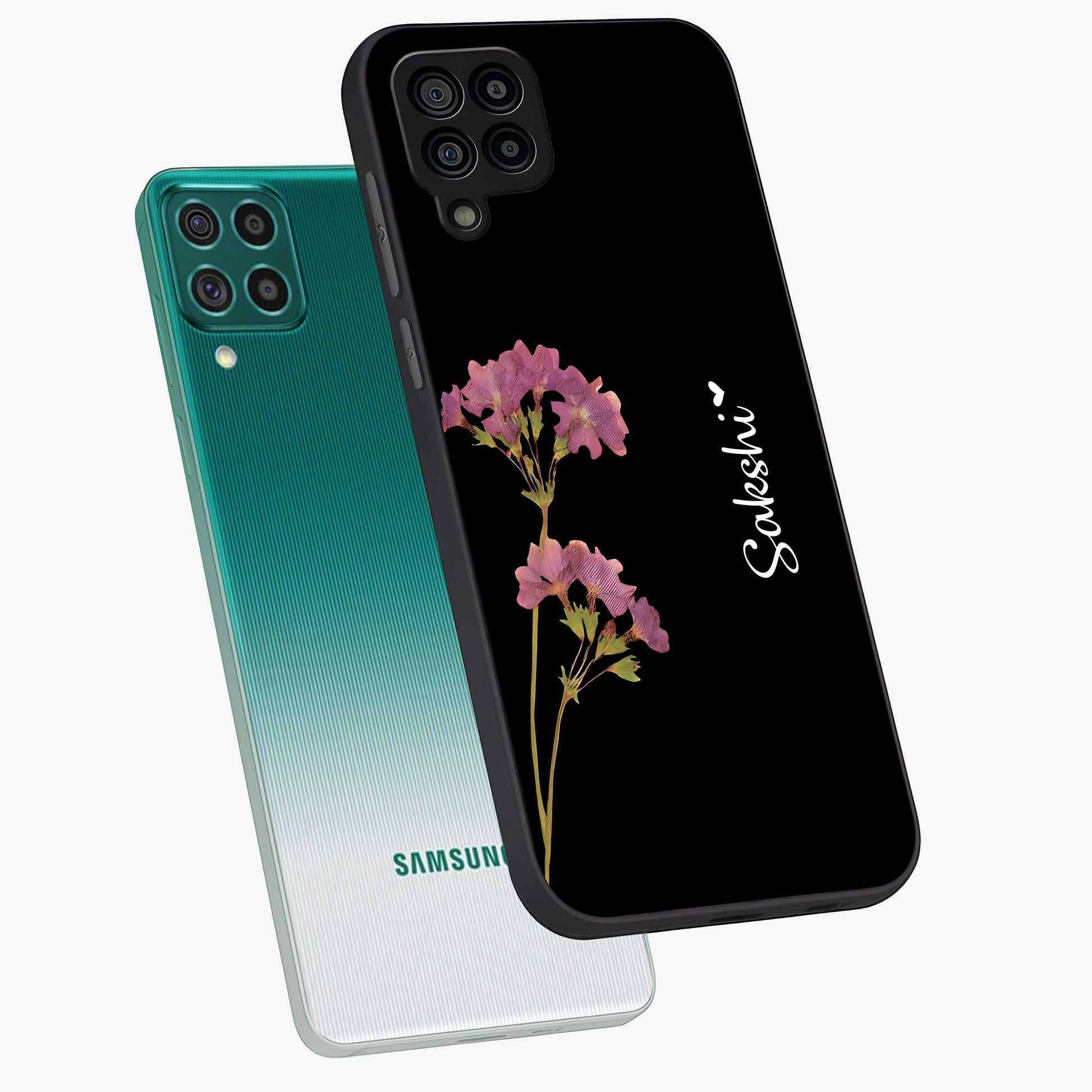 Riching Lavender Flower Custom Name Glass Case displayed in angled mockup highlighting delicate lavender flower design with custom name feature.