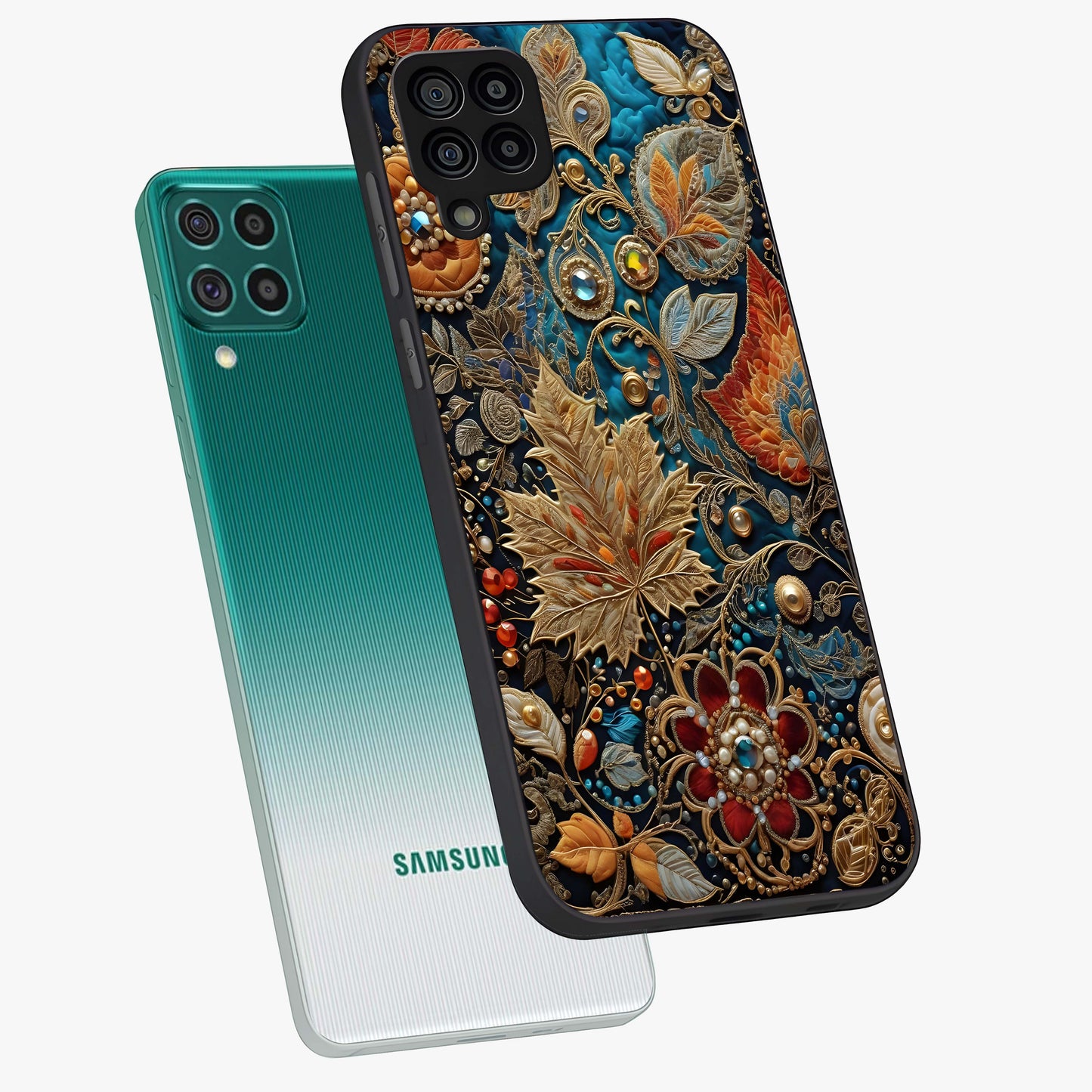 Royal Jewel Garden Glass Case displayed in angled mockup highlighting vibrant jewel inspired floral design with elegant aesthetic.