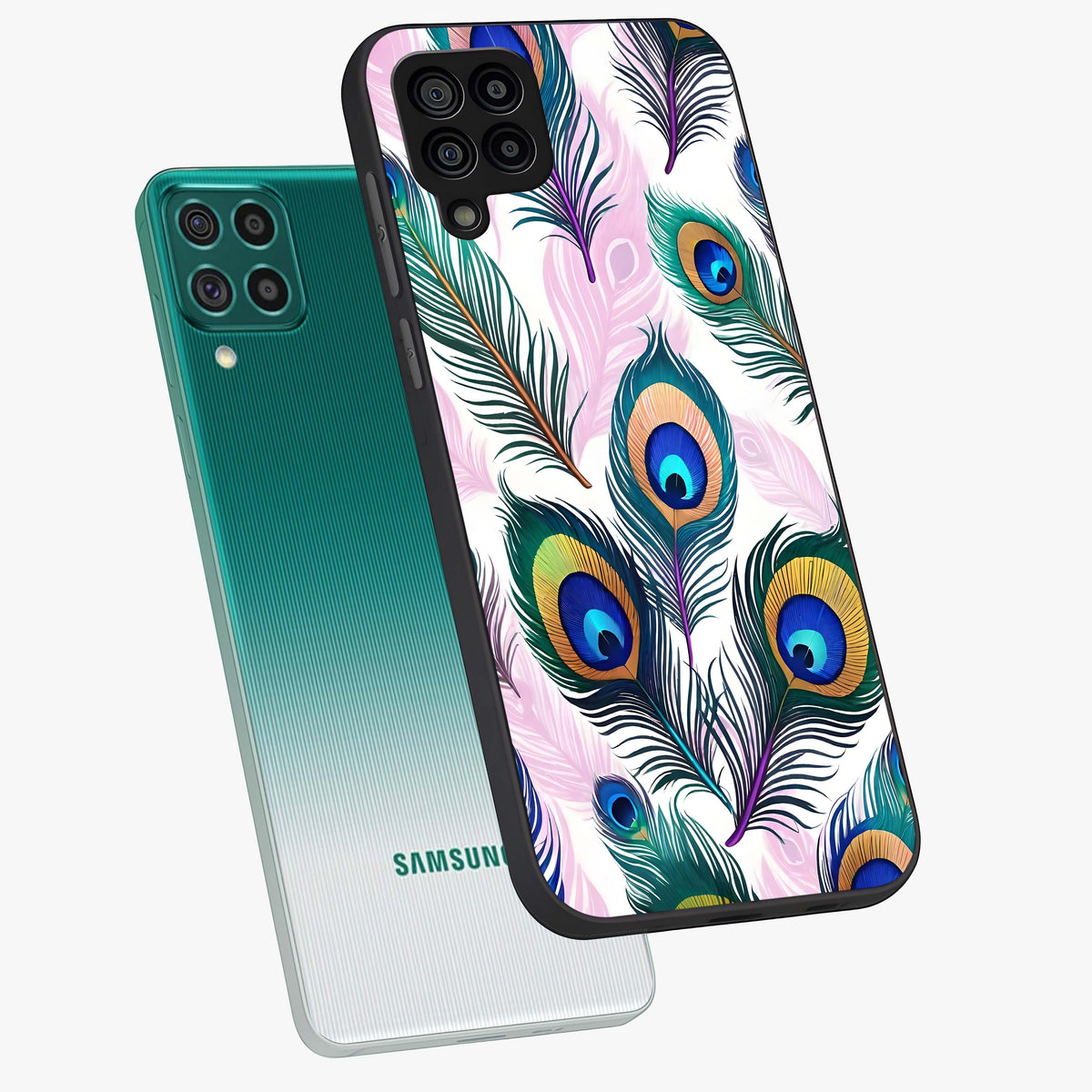 Royal Peacock Feathers Glass Case displayed in angled mockup highlighting vibrant feather pattern with regal aesthetic style.