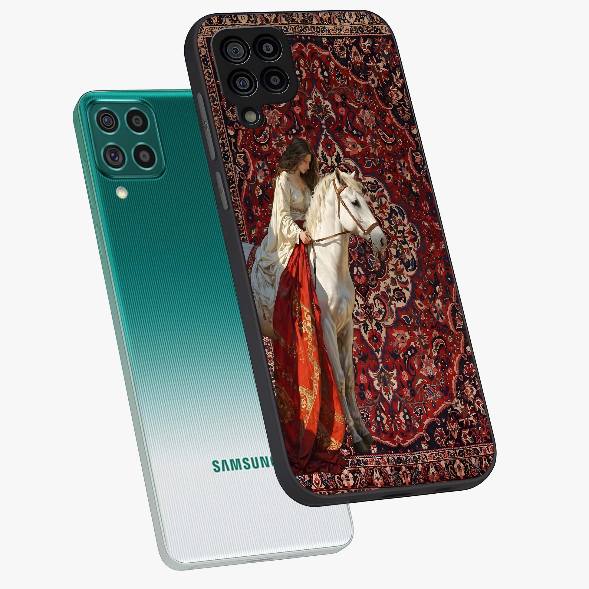 Royal Rider Tapestry Glass Case displayed in angled mockup highlighting traditional tapestry design with royal heritage aesthetic.