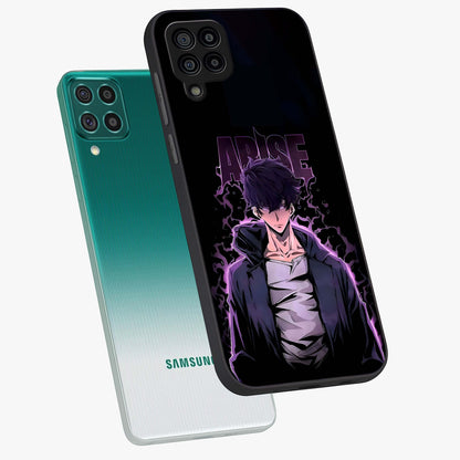 Shadow Monarch Awakening Glass Case displayed in angled mockup highlighting dramatic shadow warrior design with fantasy aesthetic.