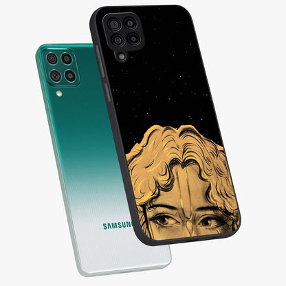 Shri Krishna Art Glass Case displayed in angled mockup highlighting spiritual Krishna illustration with divine aesthetic.