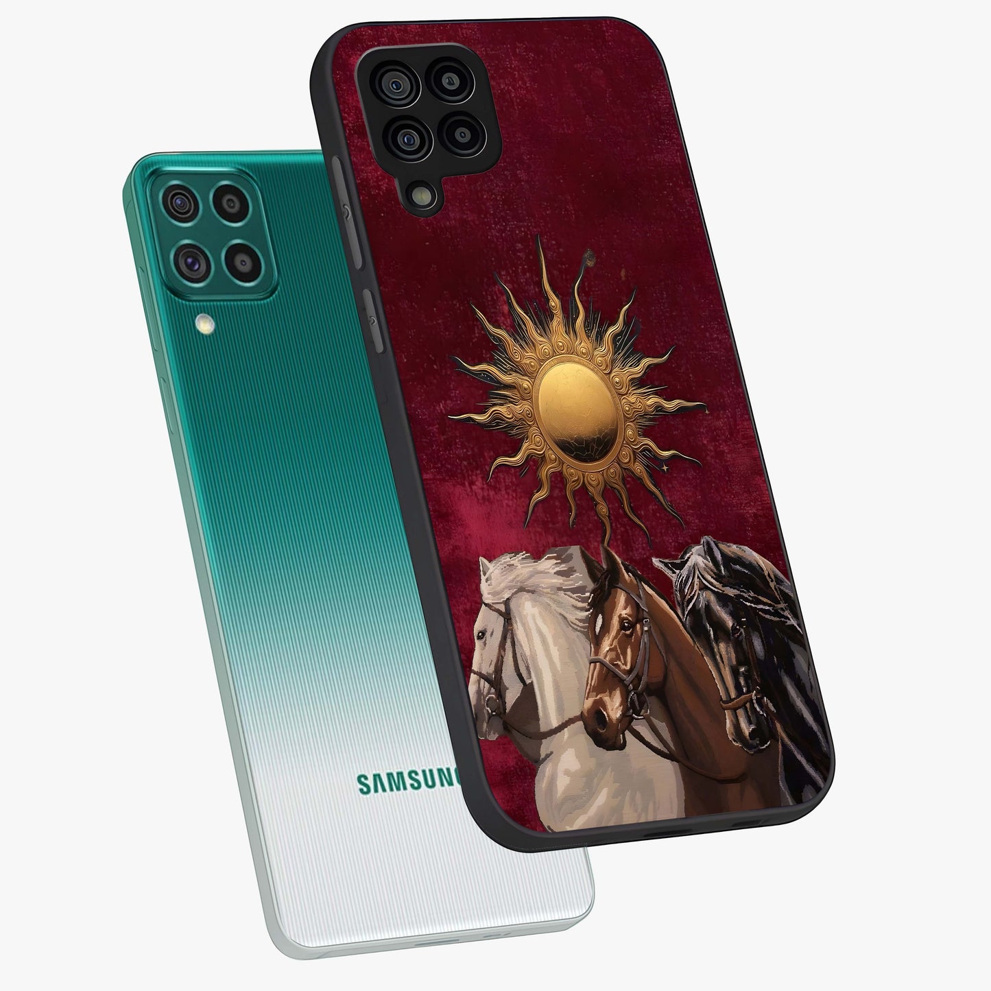 Solar Riders Glass Case displayed in angled mockup highlighting powerful rider illustration with radiant solar aesthetic.