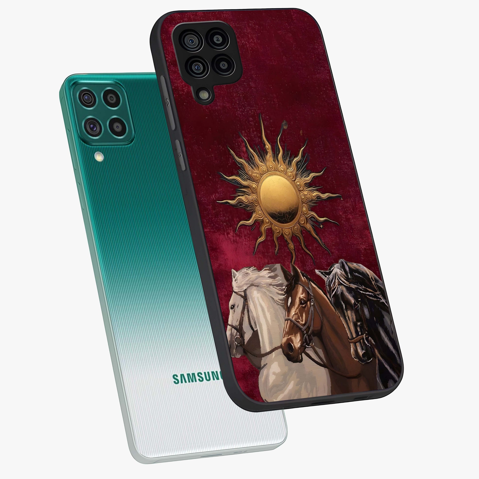 Solar Riders Glass Case displayed in angled mockup highlighting powerful rider illustration with radiant solar aesthetic.
