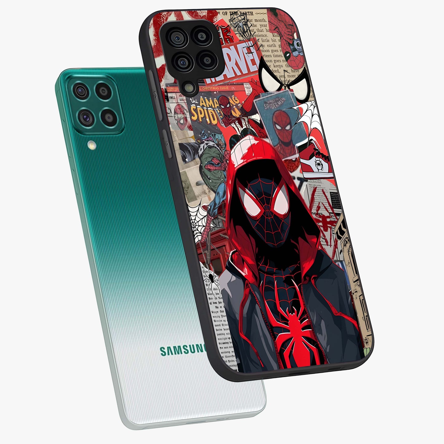 Spider Collage Street Glass Case displayed in angled mockup highlighting dynamic street style collage design with comic aesthetic.