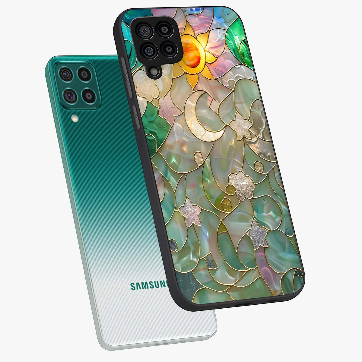 Stained Sunrise Glow Glass Case displayed in angled mockup highlighting radiant sunrise design with artistic aesthetic style.