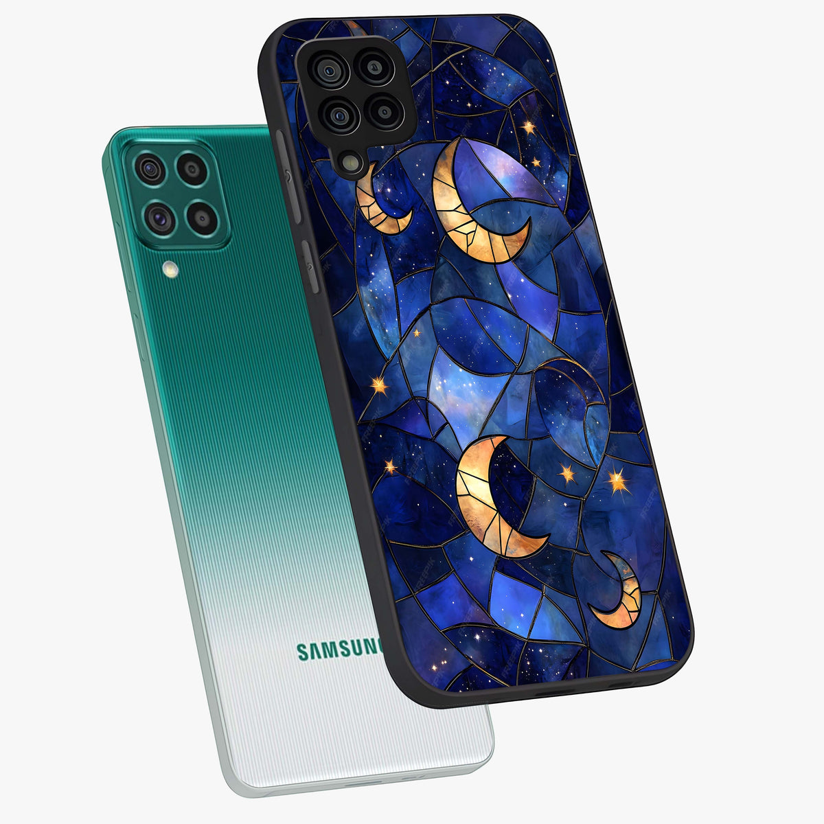 Starlit Sky Tapestry Glass Case displayed in angled mockup highlighting celestial night pattern with artistic aesthetic style.