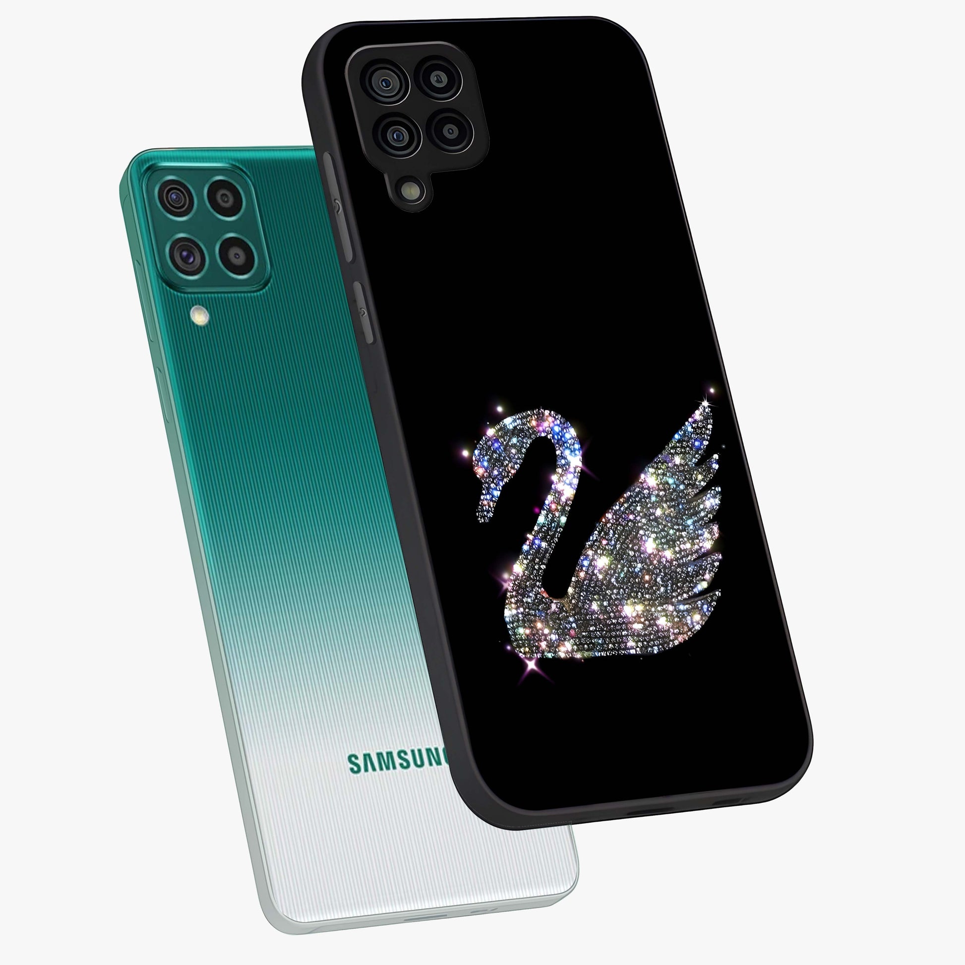 Starlit Swan Grace Glass Case displayed in angled mockup highlighting elegant swan illustration with dreamy celestial aesthetic.