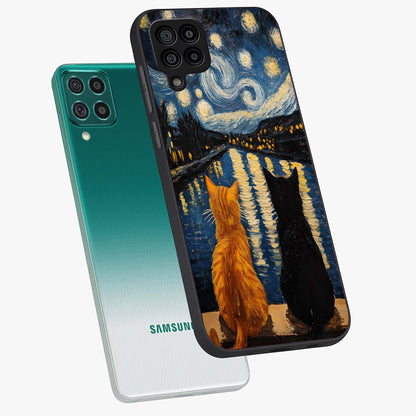Starry River Cats Glass Case displayed in angled mockup highlighting charming feline illustration with dreamy night aesthetic.