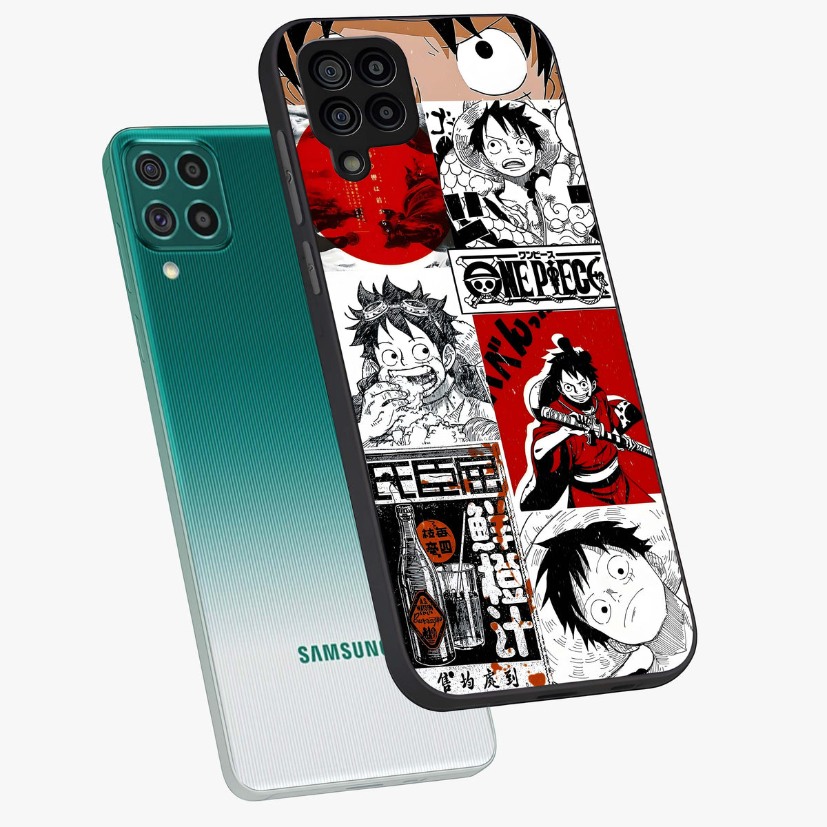 Strawhat Chaos Panels Glass Case displayed in angled mockup highlighting vibrant anime collage design with action aesthetic.