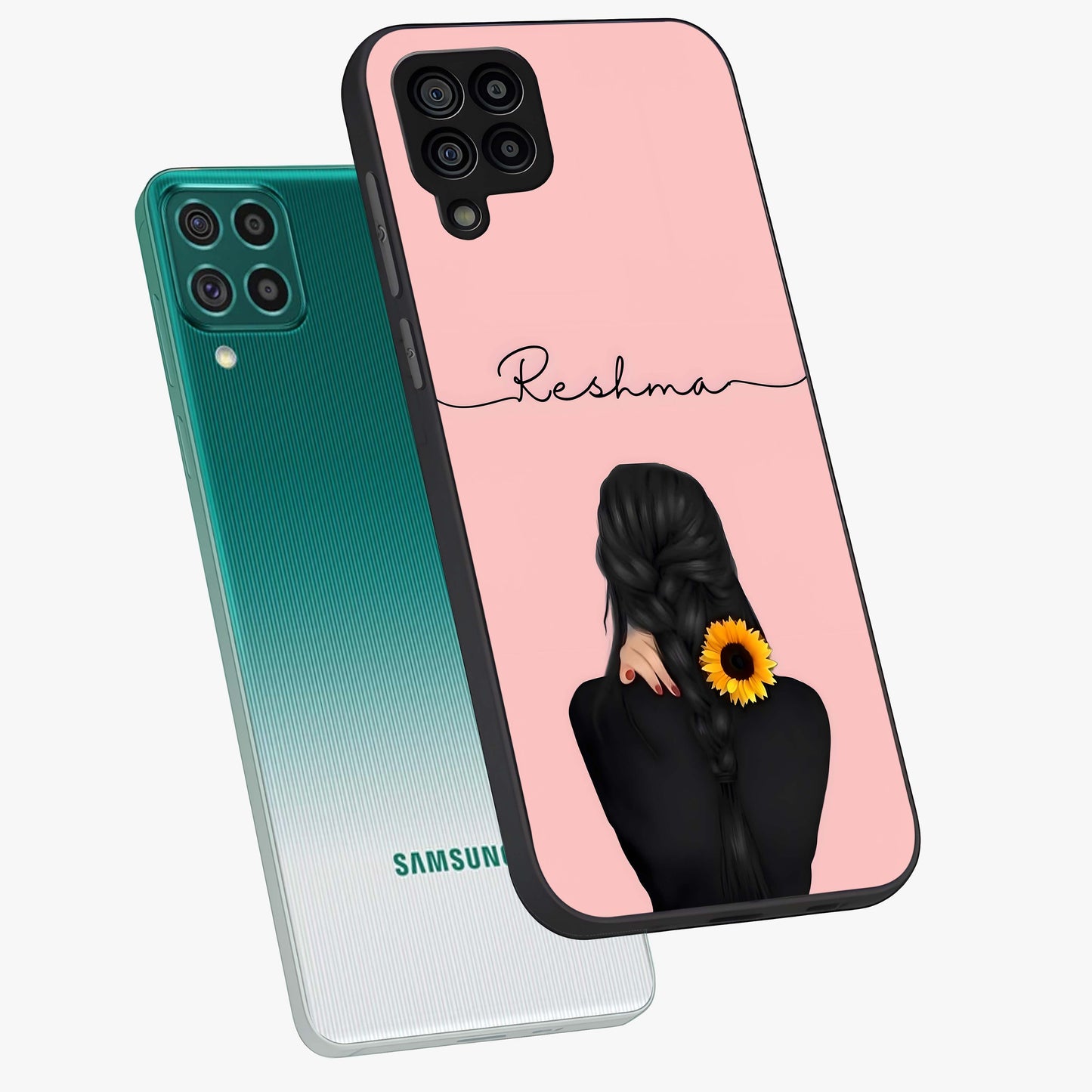 Sunflower Braid Beauty With Custom Name Glass Case displayed in angled mockup highlighting elegant sunflower design with custom name feature.