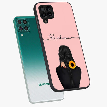 Sunflower Braid Beauty With Custom Name Glass Case displayed in angled mockup highlighting elegant sunflower design with custom name feature.