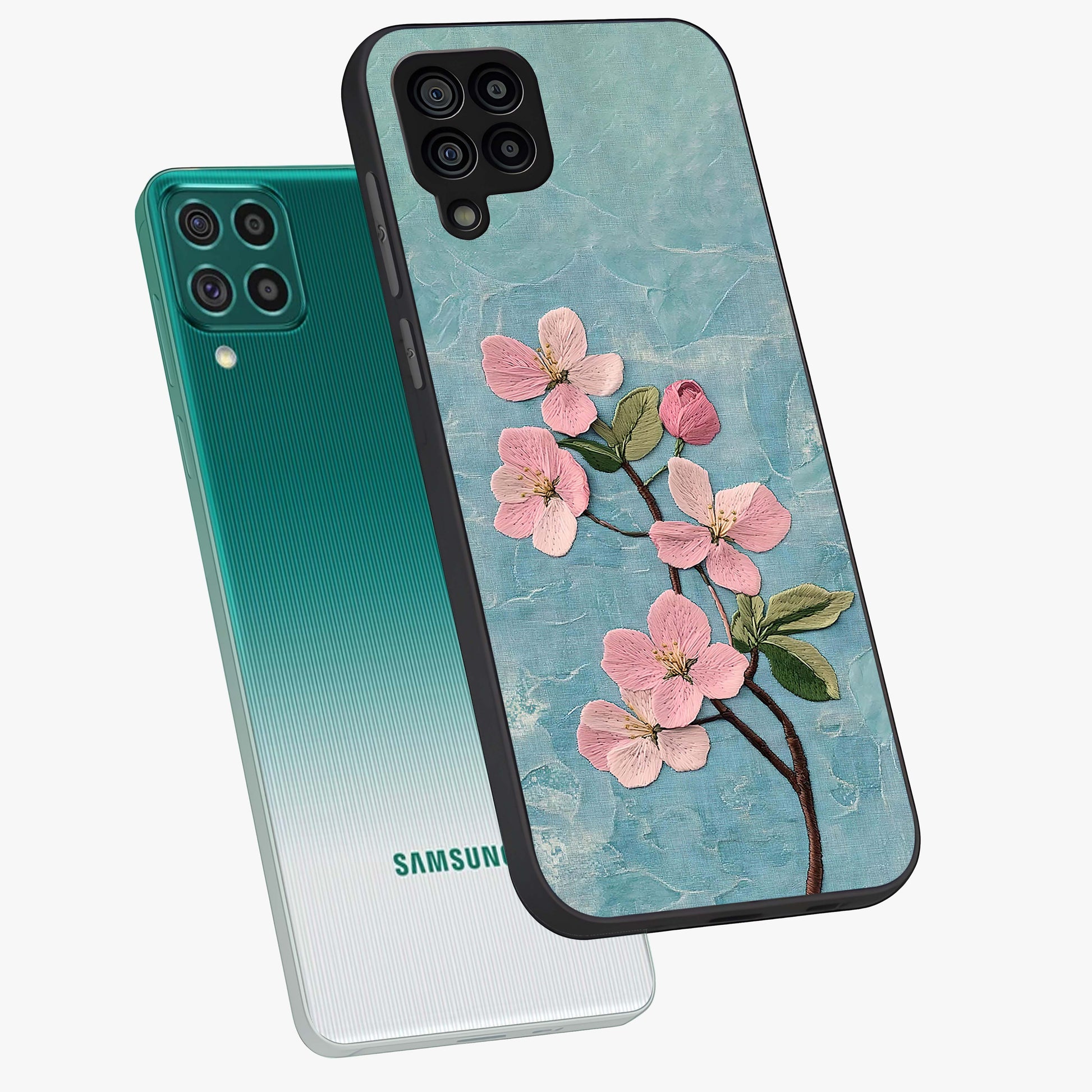 Threaded Blossom Breeze Glass Case displayed in angled mockup highlighting elegant floral design with soft aesthetic style.