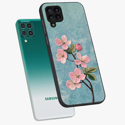 Threaded Blossom Breeze Glass Case displayed in angled mockup highlighting elegant floral design with soft aesthetic style.