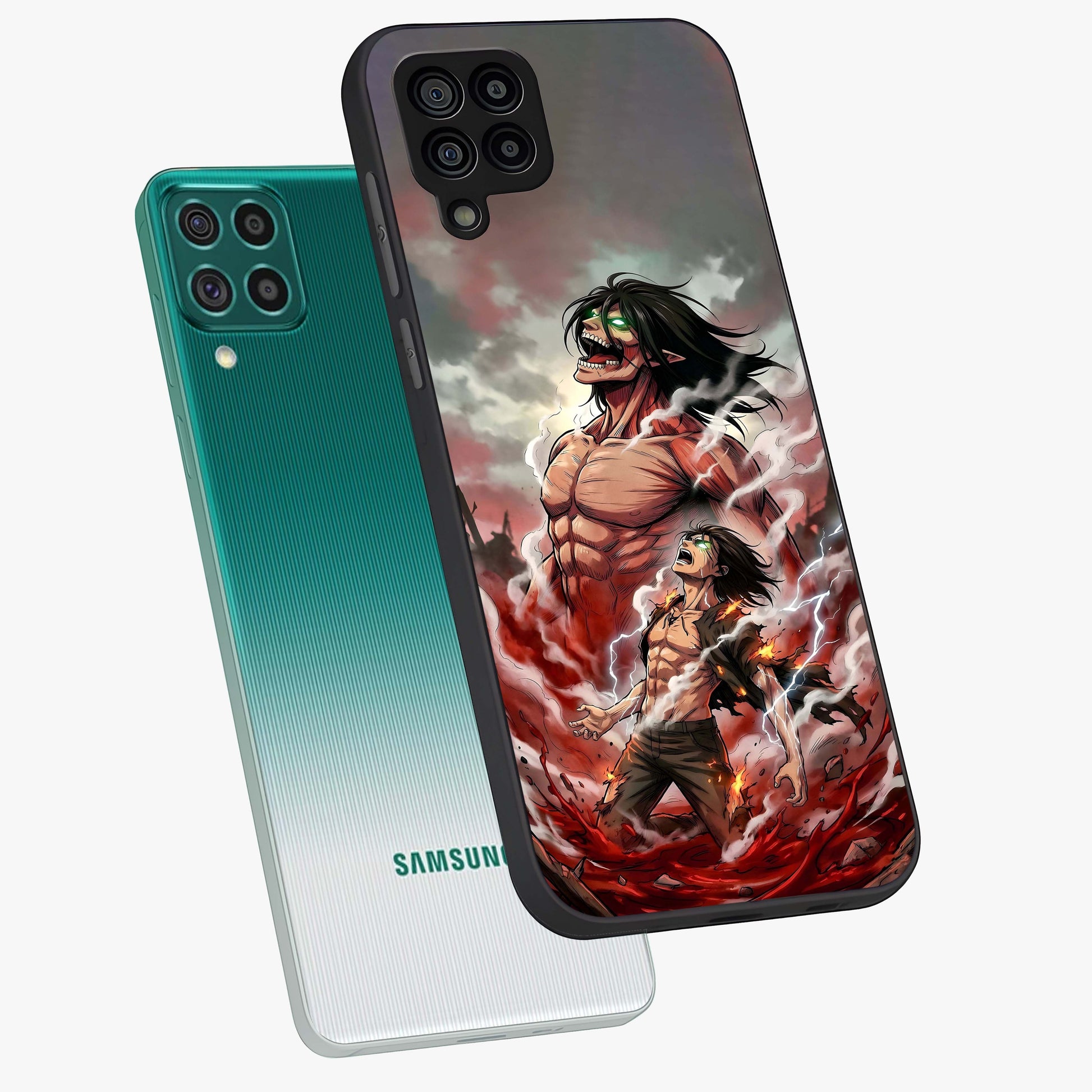 Titan Awakening Fury Glass Case displayed in angled mockup highlighting dramatic giant warrior design with bold anime aesthetic.