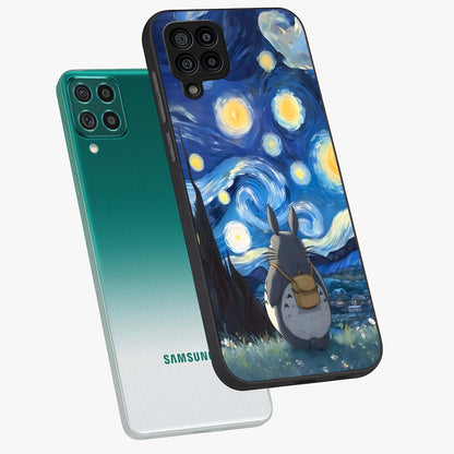 Totoro In Van Gogh Art Glass Case displayed in angled mockup highlighting artistic swirling sky design with playful animation aesthetic.
