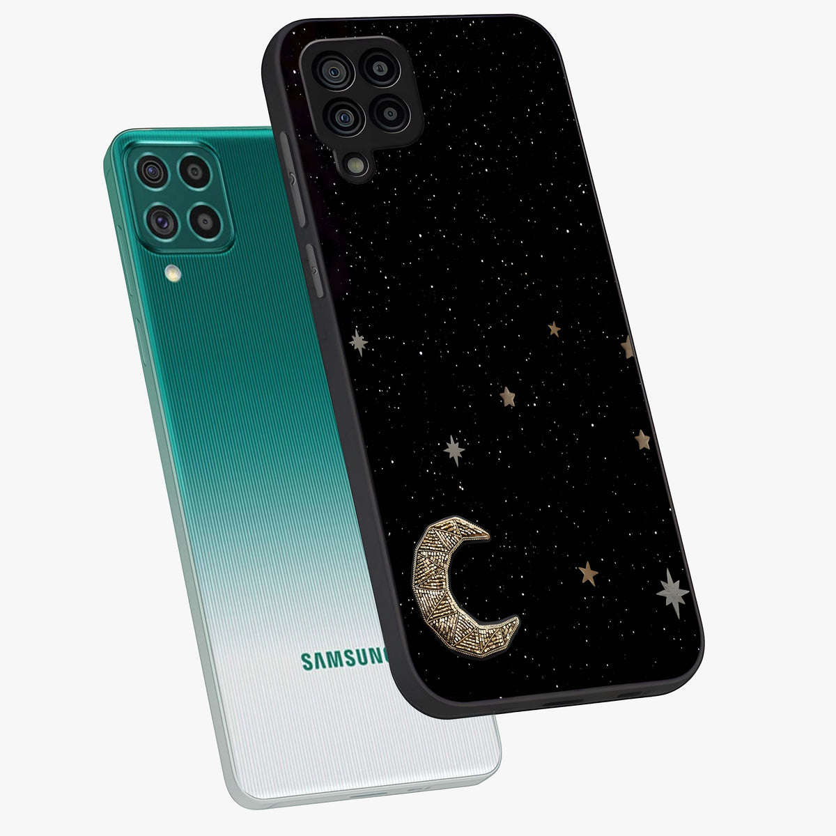 Twinkle Star With Half Moon Glass Case displayed in angled mockup highlighting celestial moon and star design with magical aesthetic.