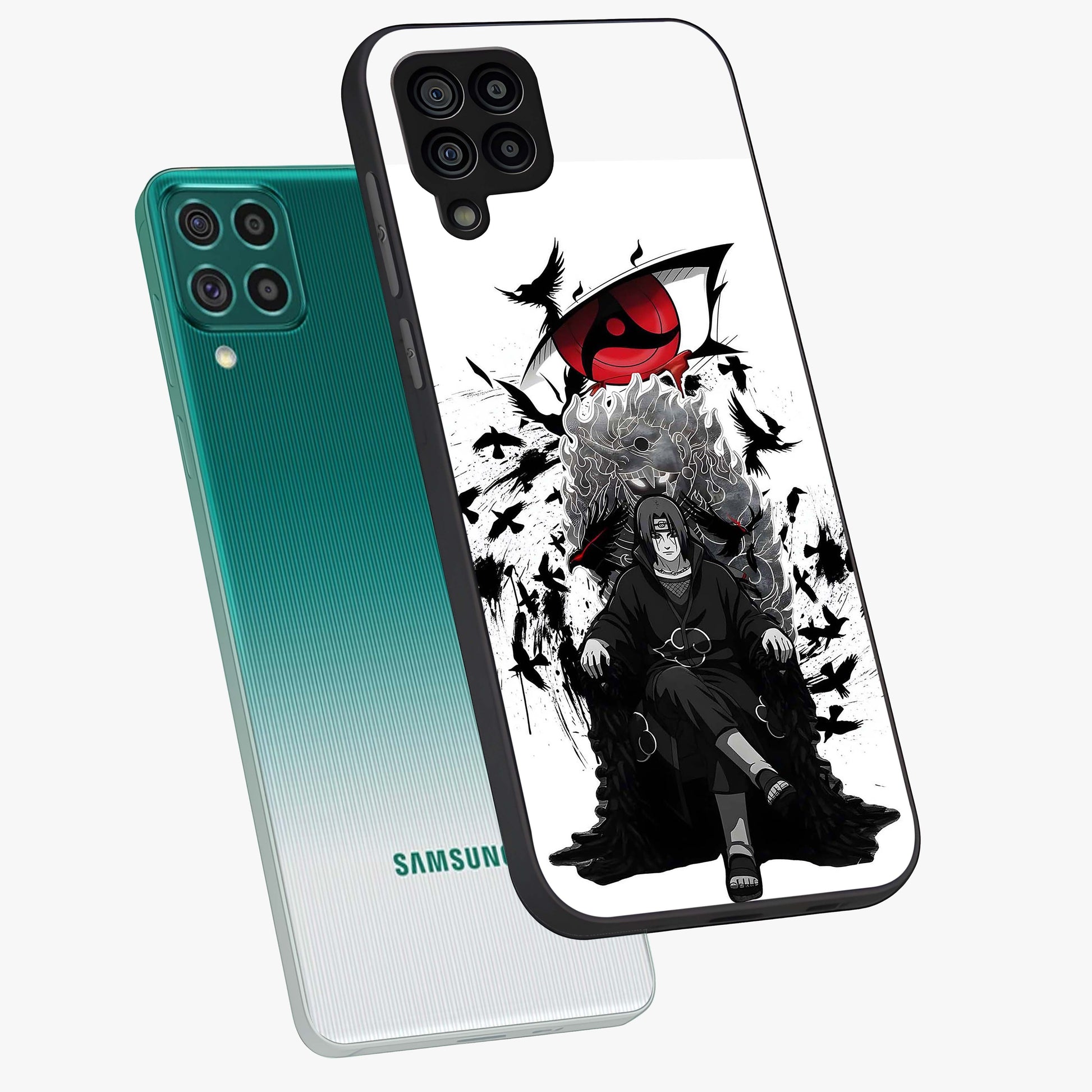 Uchiha Shadow Throne Glass Case displayed in angled mockup highlighting glowing aquatic design with celestial aesthetic.