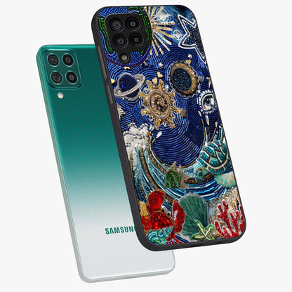 Universe Underwater Spark Glass Case displayed in angled mockup highlighting glowing aquatic design with celestial aesthetic.