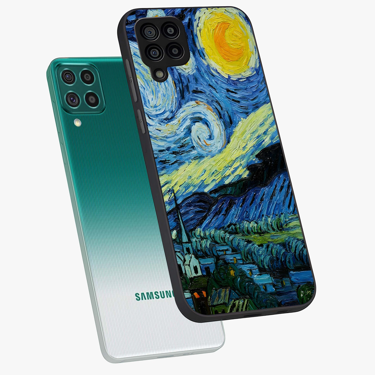 Van Gogh Art Glass Case displayed in angled mockup highlighting swirling brushstroke design with artistic aesthetic.
