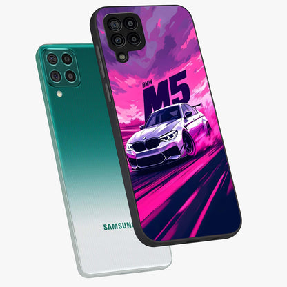 Velocity Drift Pulse Glass Case displayed in angled mockup highlighting dynamic drift design with sporty automotive aesthetic.