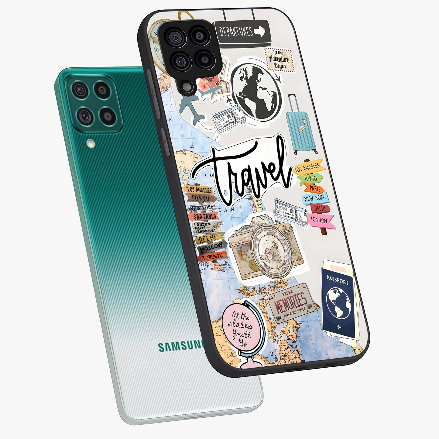 Wanderlust Journal Glass Case displayed in angled mockup highlighting adventure themed design with aesthetic travel vibe.