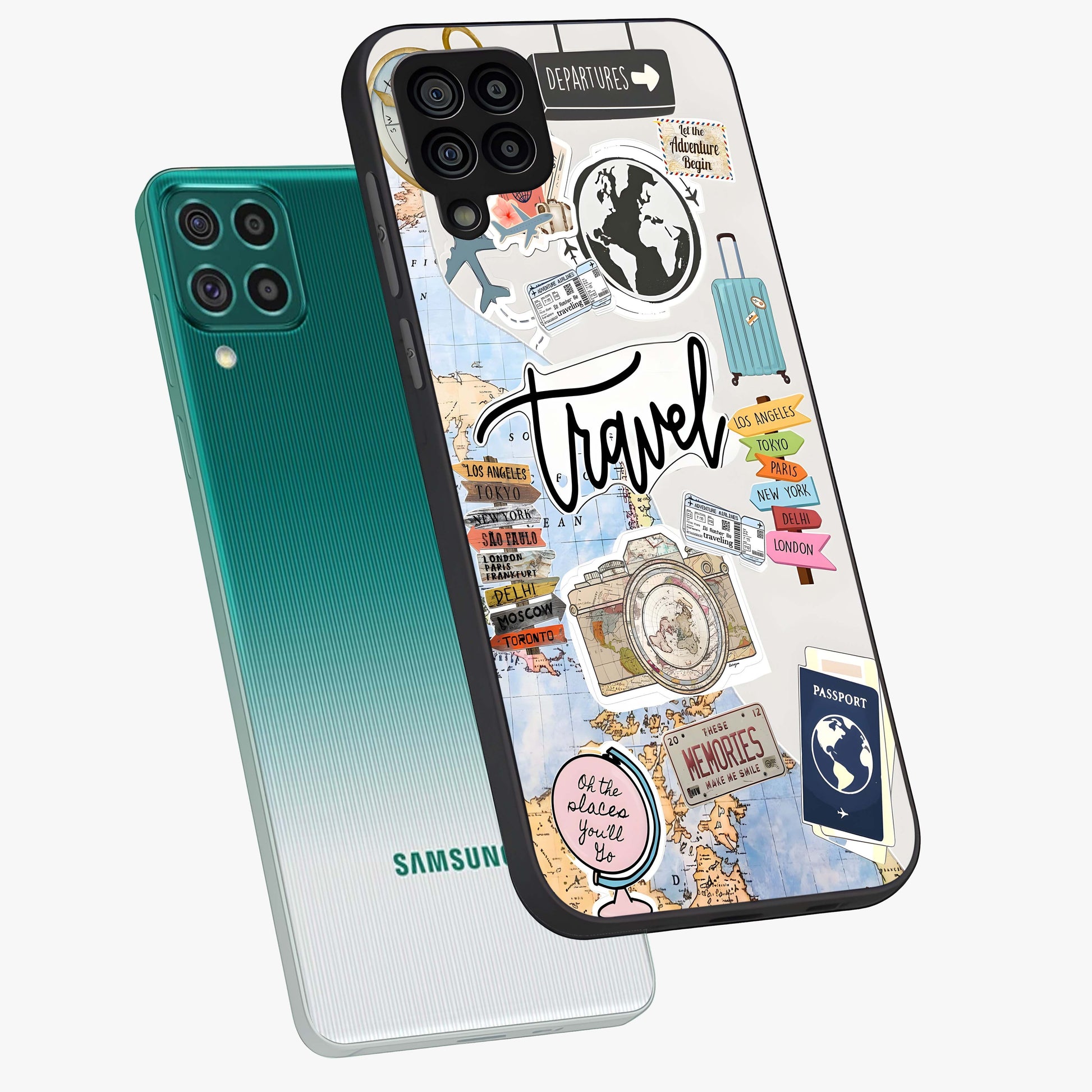 Wanderlust Journal Glass Case displayed in angled mockup highlighting adventure themed design with aesthetic travel vibe.