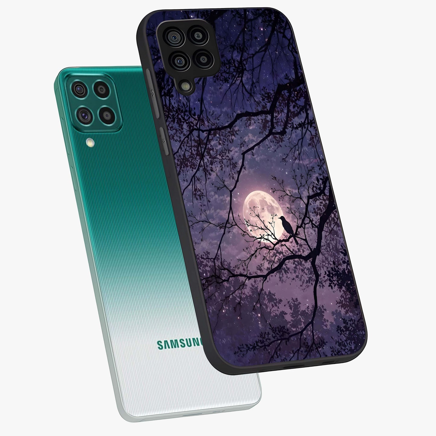 Whispering Moon Silence Glass Case displayed in angled mockup highlighting calm lunar design with dreamy night aesthetic.
