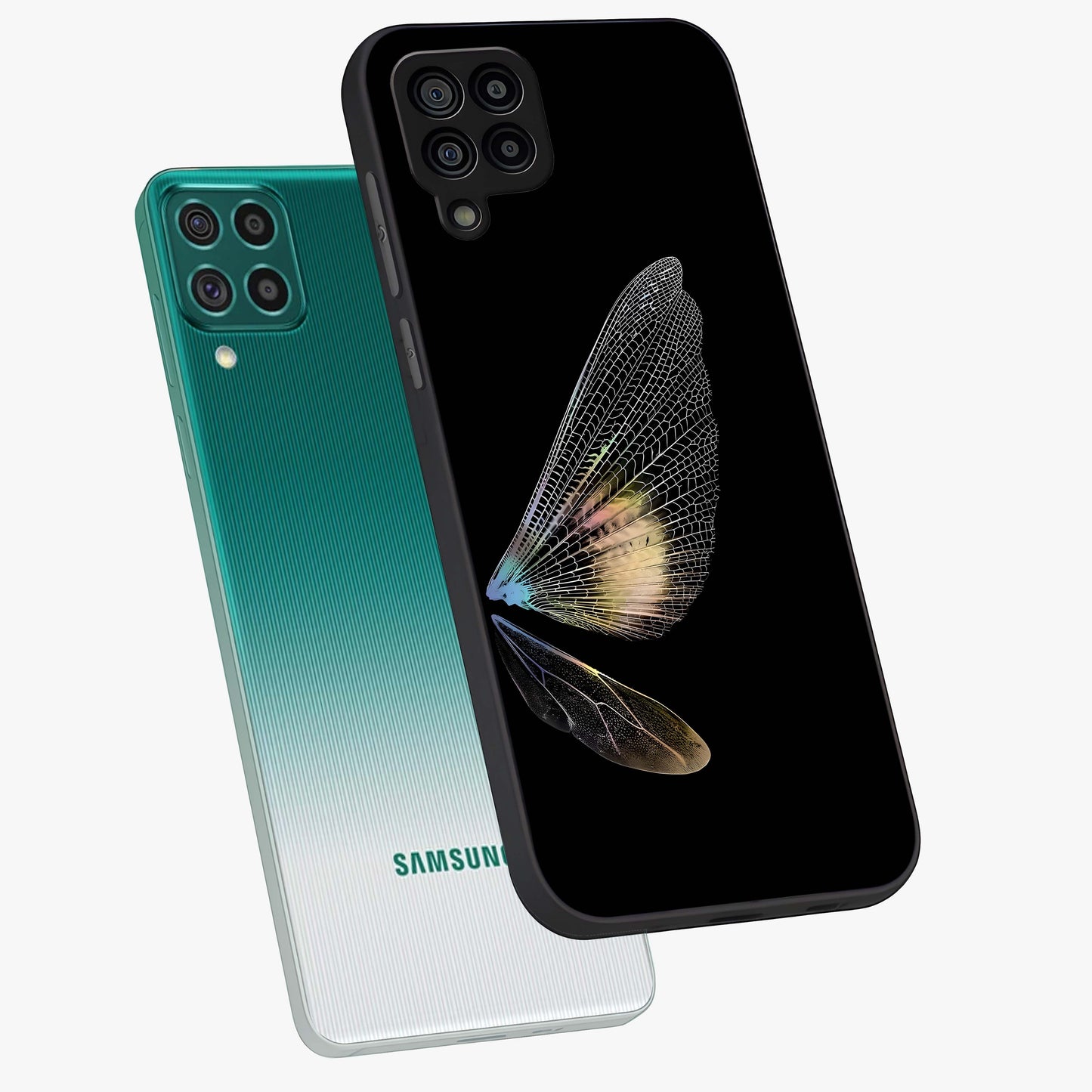 Whispers Of Wings Glass Case displayed in angled mockup highlighting soft feather design with celestial aesthetic style.
