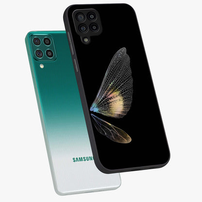 Whispers Of Wings Glass Case displayed in angled mockup highlighting soft feather design with celestial aesthetic style.