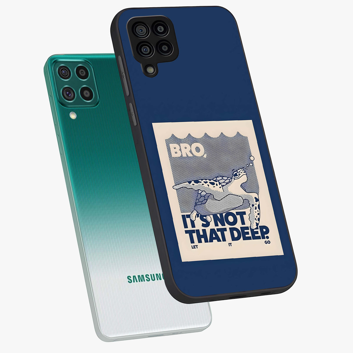 Worry Less Swim Glass Case displayed in angled mockup highlighting fun typography design with relaxed aesthetic style.
