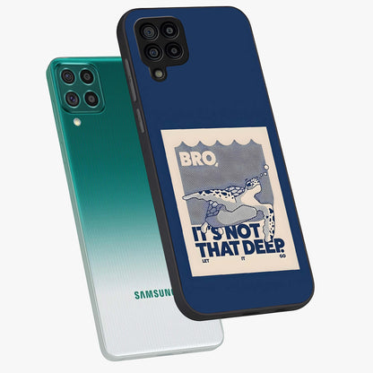 Worry Less Swim Glass Case displayed in angled mockup highlighting fun typography design with relaxed aesthetic style.