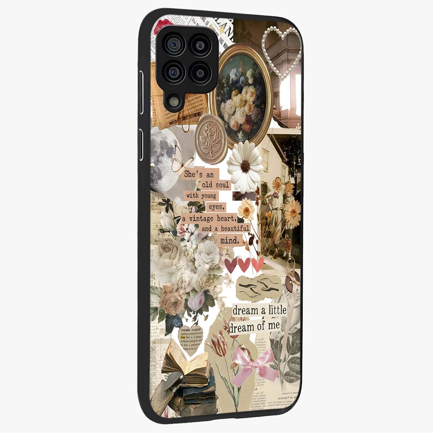 Aesthetic Brown Vintage Collage Glass Case upright view showcasing nostalgic retro artwork with stylish vintage theme.