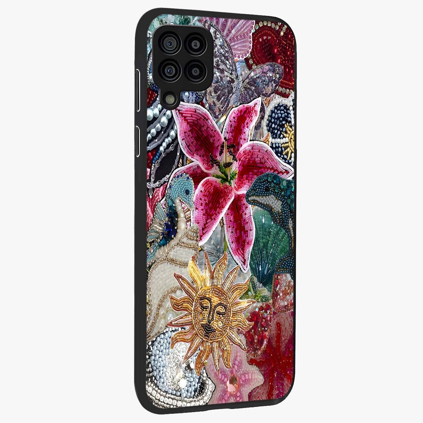 Beaded Garden Fantasy Glass Case upright view showcasing whimsical garden aesthetic with artistic bead details.