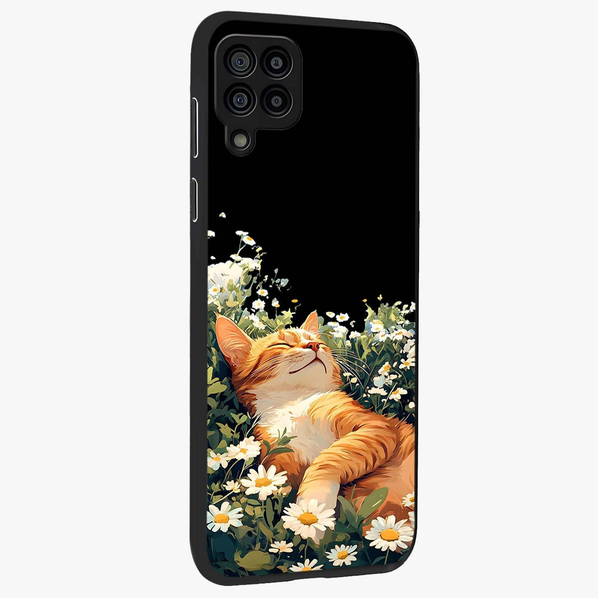 Blissful Bloom Cat Glass Case upright view showcasing charming cat design surrounded by blooming floral elements.