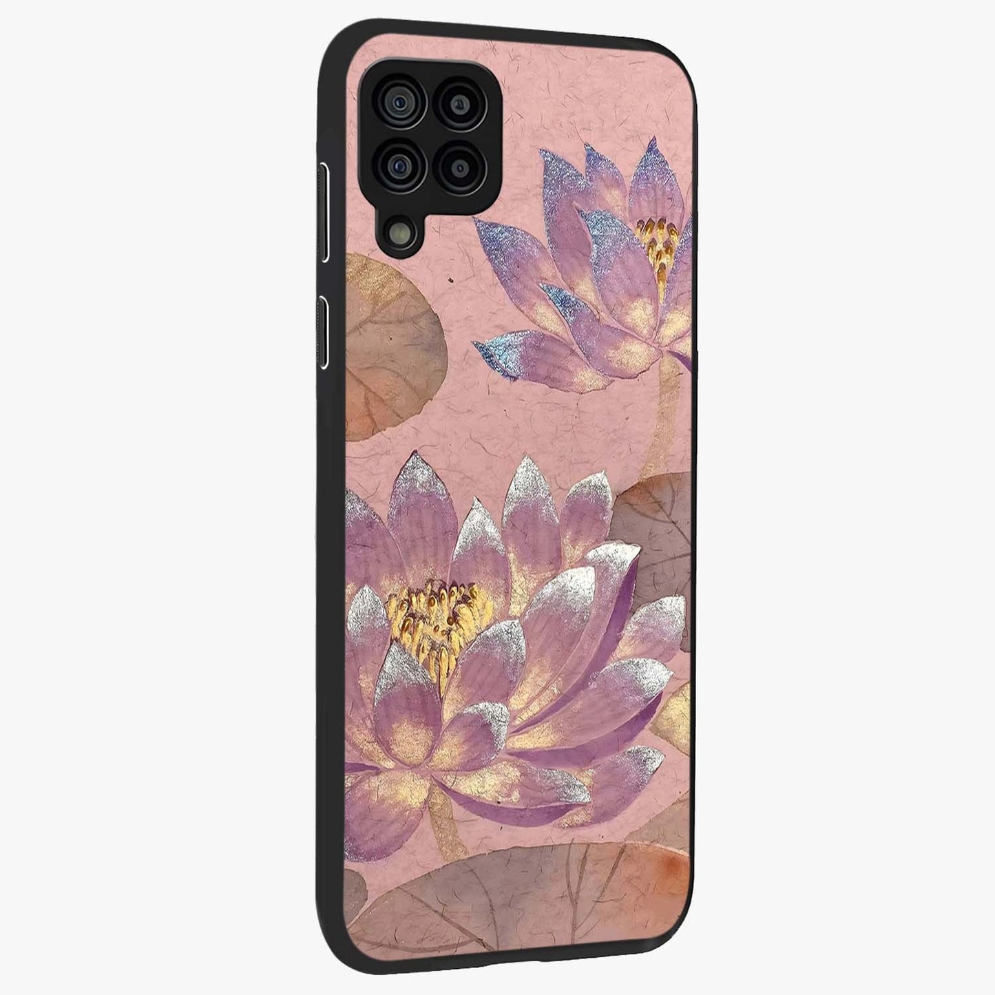 Blossom Mist Lotus Glass Case upright view showcasing graceful lotus flower design with peaceful botanical style.