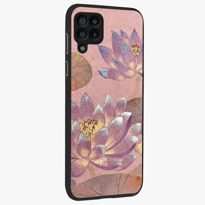 Blossom Mist Lotus Glass Case upright view showcasing graceful lotus flower design with peaceful botanical style.