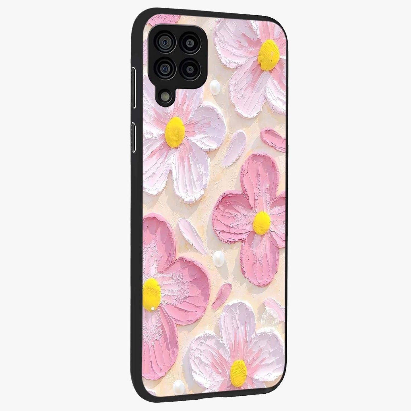 Blush Bloom Texture Glass Case upright view showcasing delicate blush floral texture with modern minimal style.