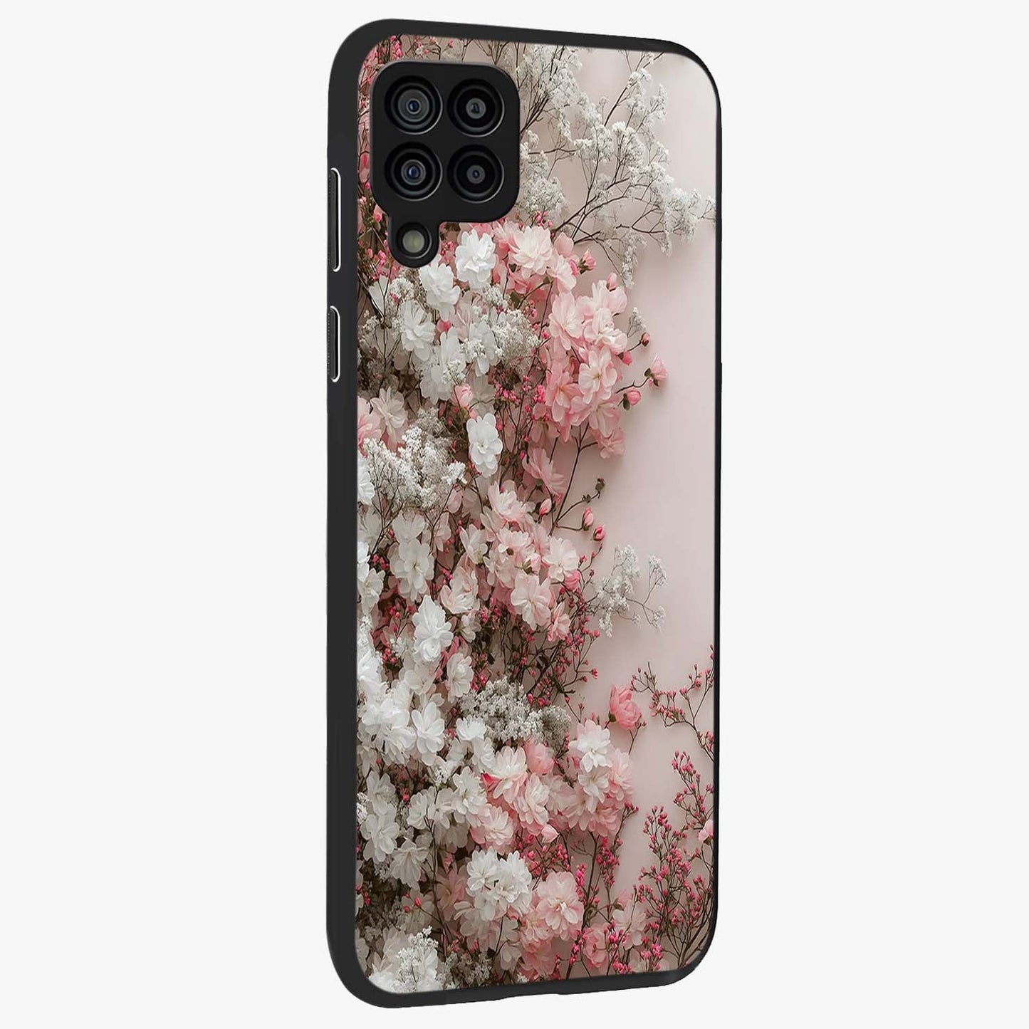 Blush Blossom Cloud Glass Case upright view showcasing calm floral cloud artwork with gentle dreamy theme.