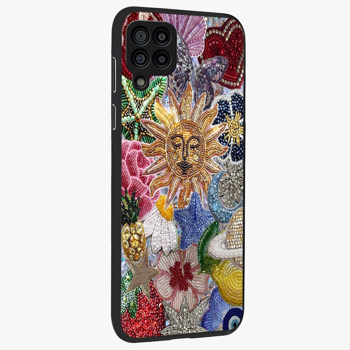 Celestial Floral and Playful Glass Case upright view showcasing whimsical floral artwork with cosmic aesthetic theme.