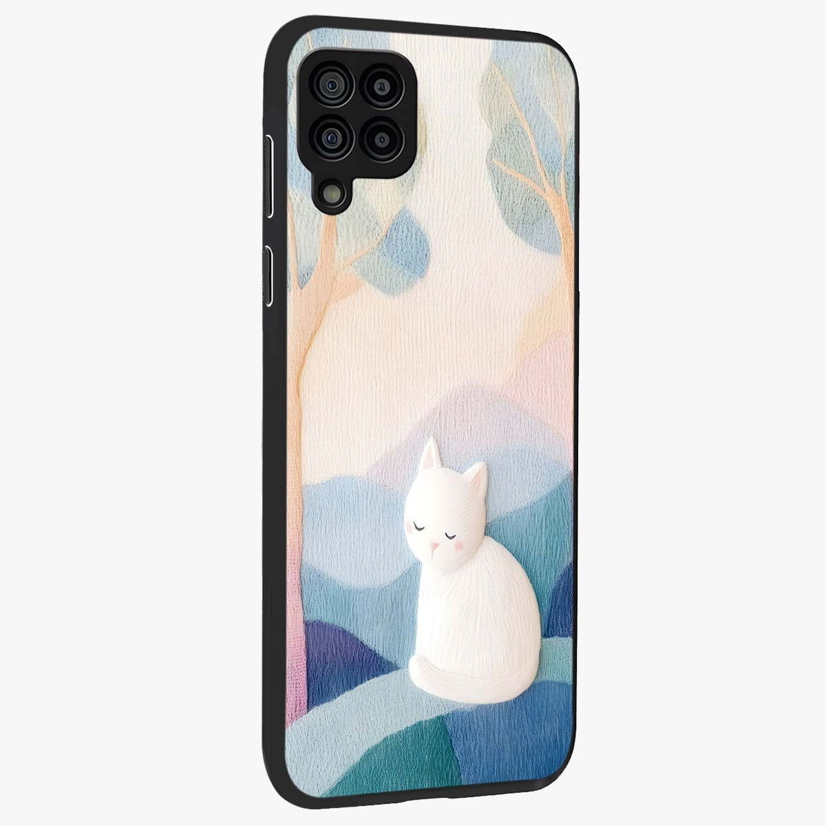 Cotton Dream Cat Glass Case upright view showcasing charming cat artwork with cozy dreamy theme.