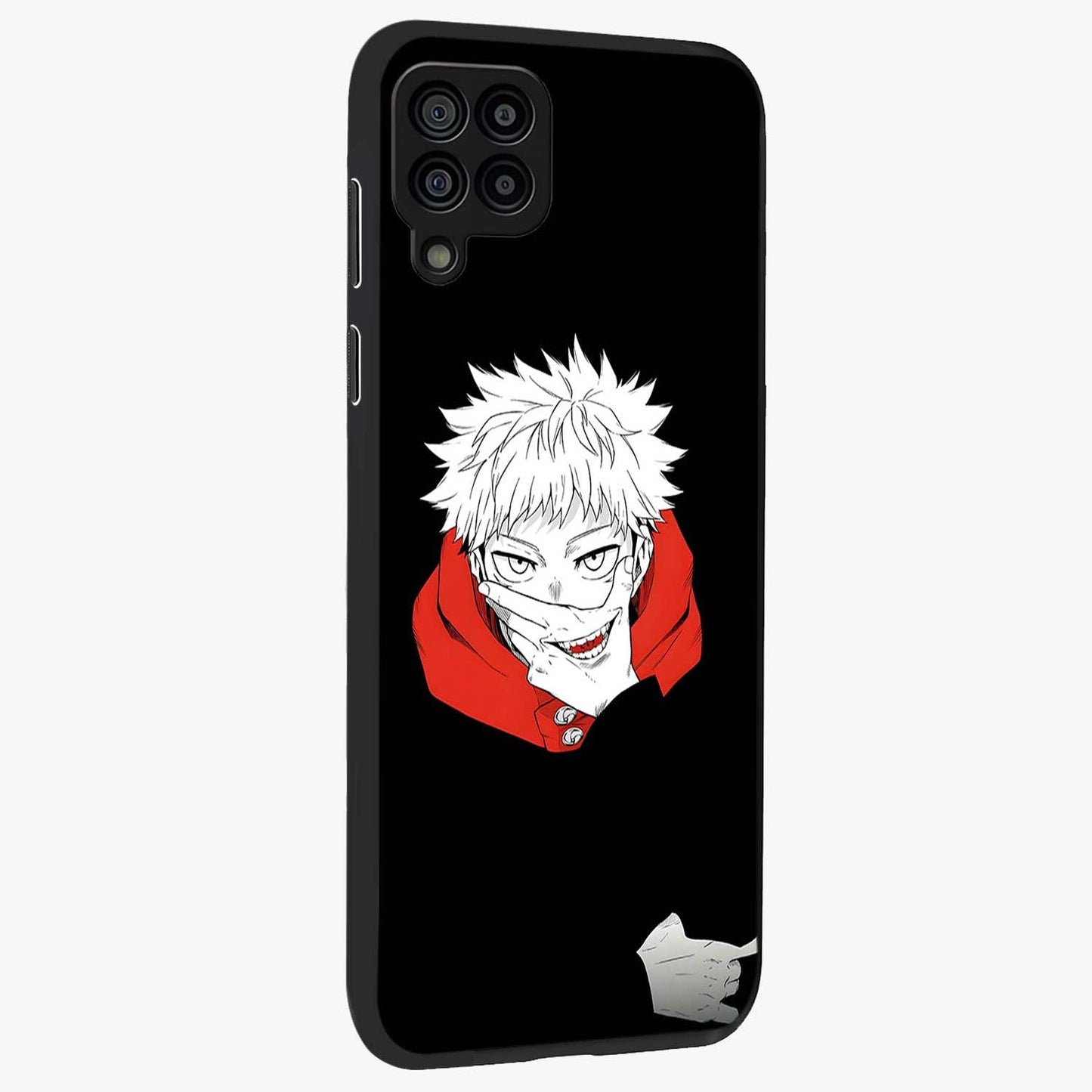 Crimson Chaos Smile Glass Case upright view showcasing expressive chaotic artwork with striking visual theme.
