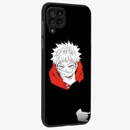 Crimson Chaos Smile Glass Case upright view showcasing expressive chaotic artwork with striking visual theme.
