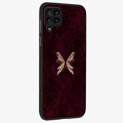 Crimson Fade Butterfly Glass Case upright view showcasing graceful butterfly artwork with soft crimson fade effect.