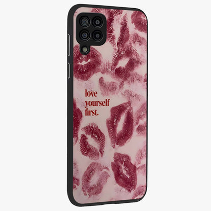 Crimson Kiss Love Glass Case upright view showcasing expressive romantic artwork with deep crimson theme.