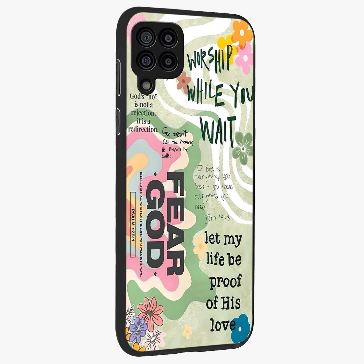 Faith Over Fear Glass Case upright view showcasing bold typography artwork with uplifting motivational theme.